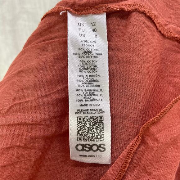 ASOS Peasant Dress 8 Rust Terracotta Eyelet Lace Cotton Ruffle A Line Mini - Picture 3 of 9